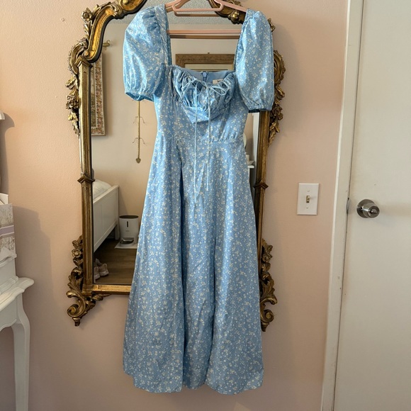 House of CB Tallulah Blue Ivory Floral Puff Sleeve Midi Dress - Picture 7 of 12